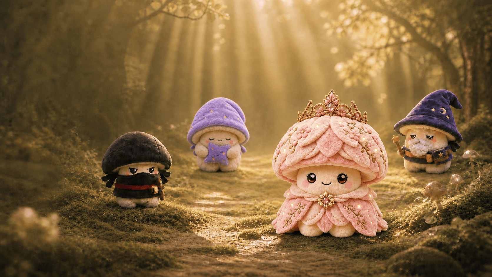 Four Muushies gathered on a sunlit forest path