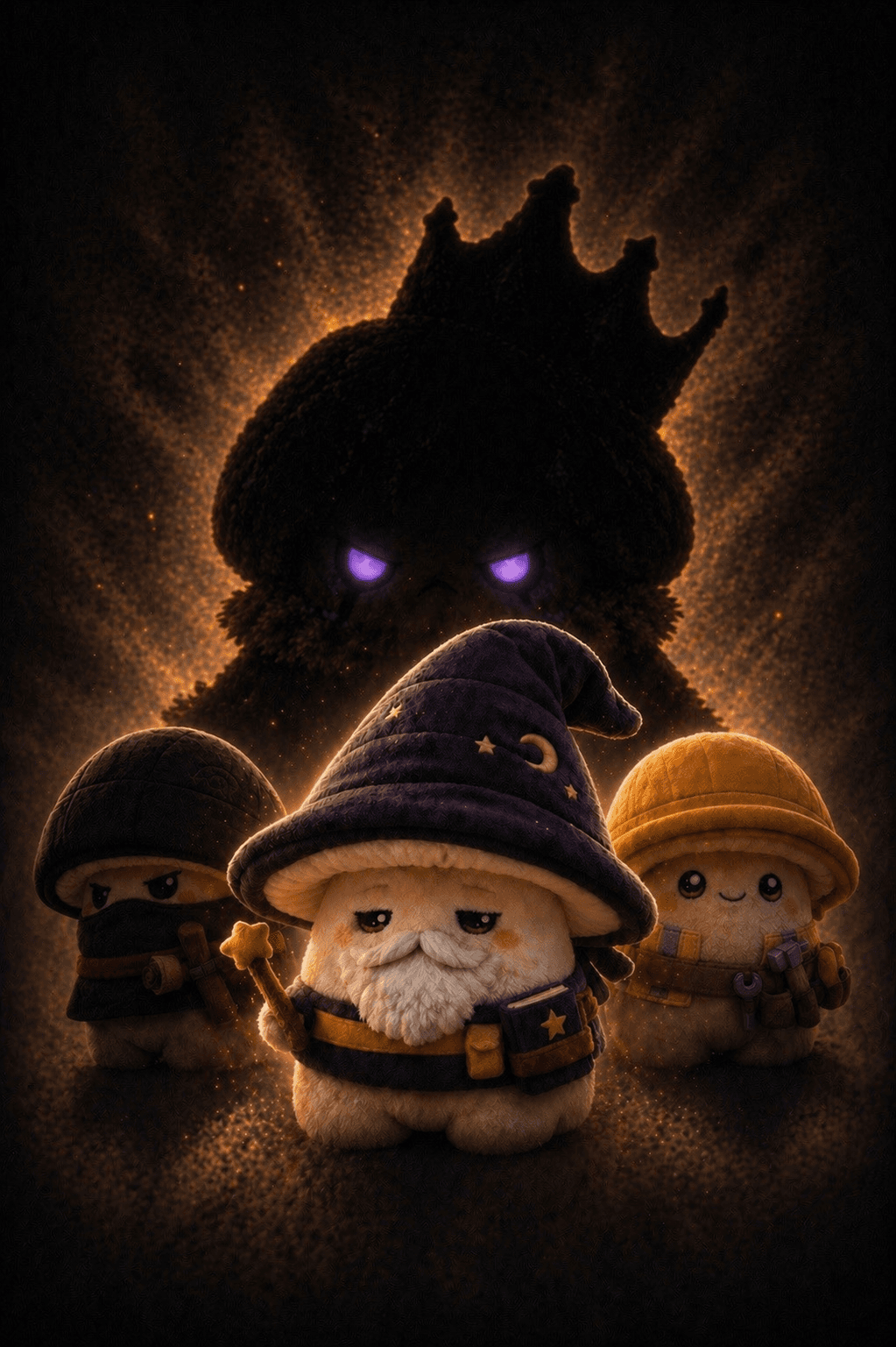 A shadowed crowned Muushie looms behind three of the Muushies