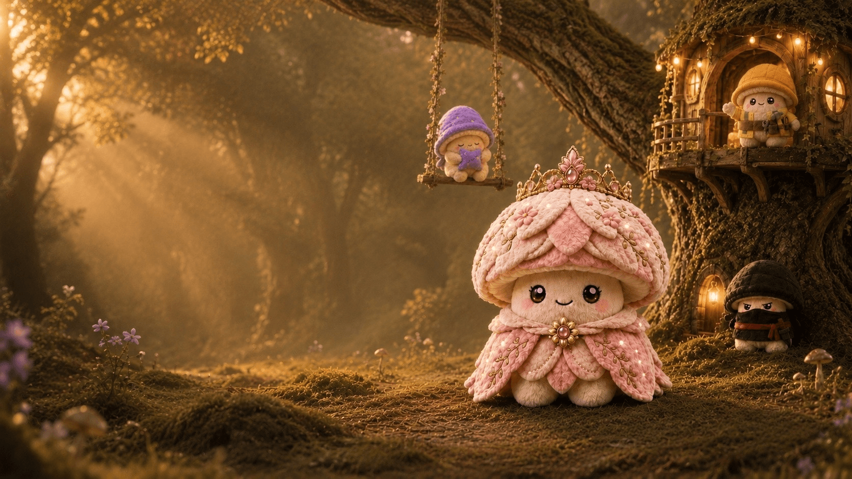 A pink crowned Muushie sitting in a sunlit enchanted forest